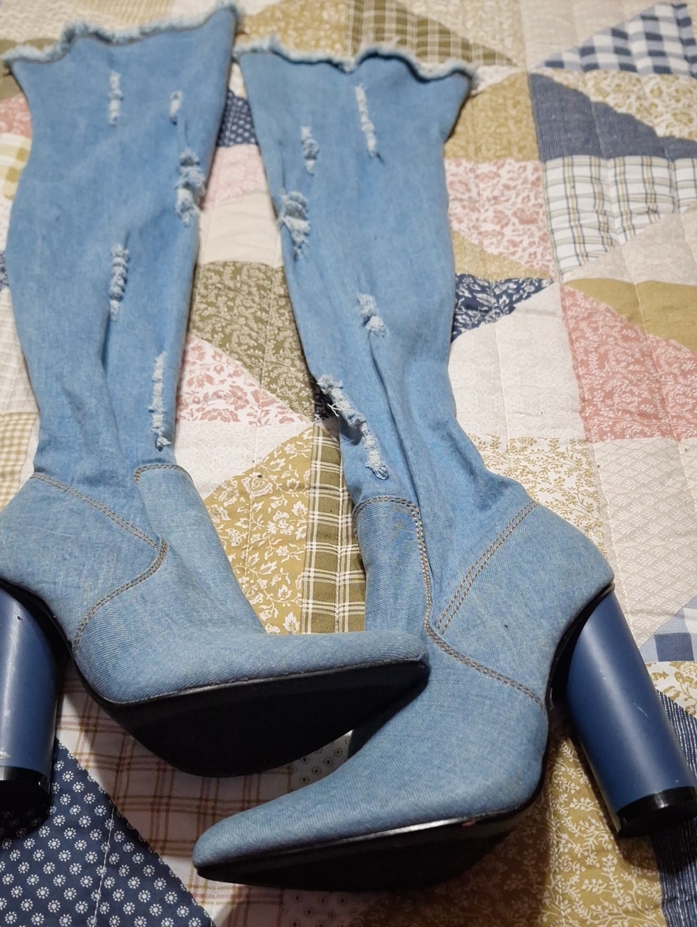 Cape Robbin Denim Over-the-Knee Barrel Rd Heel Boots - Light Blue - Picture 5 of 7